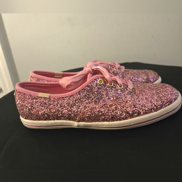 WOMENS KATE SPADE KEDS, ROSE GOLD GLITTER SNEAKERS SHOES, PINK SATIN LACES Sz7 - Picture 7 of 8